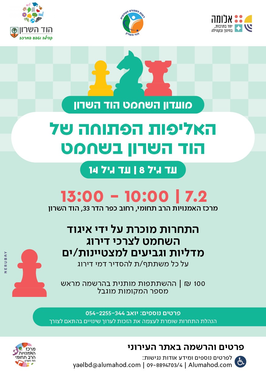 האליפות הפתוחה של הוד השרון בשחמט עד גיל 8 | עד גיל 14